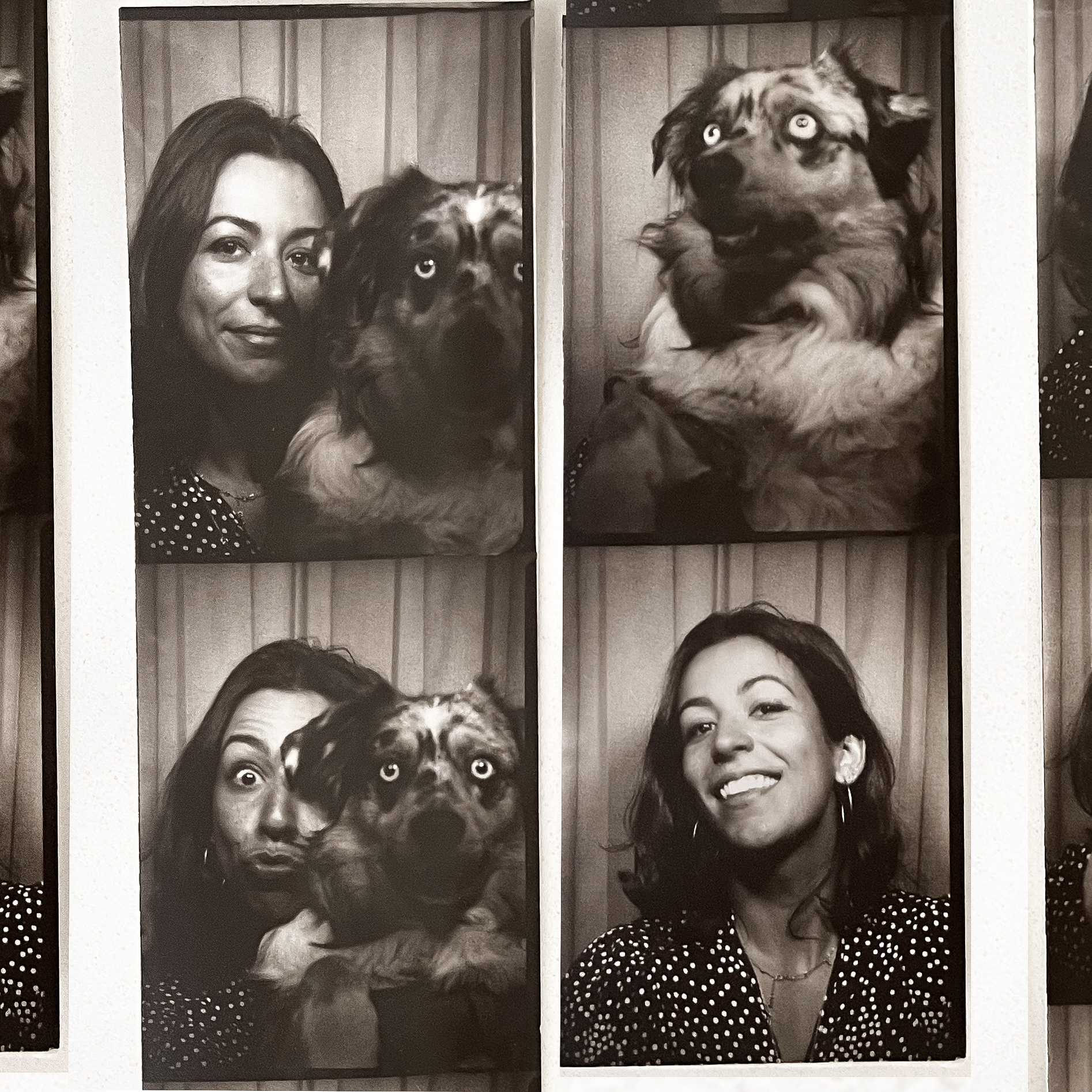 Soraya and her Australian Shepherd Marlo June in a black and white photo booth strip