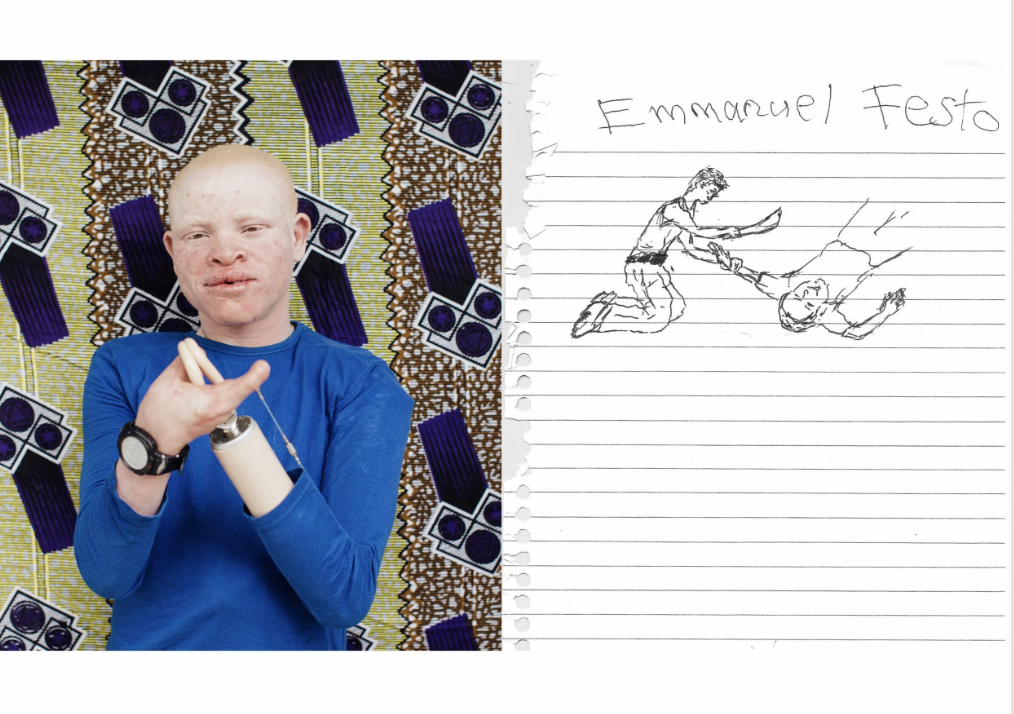 Emmanuel Festo with a drawing of his attack