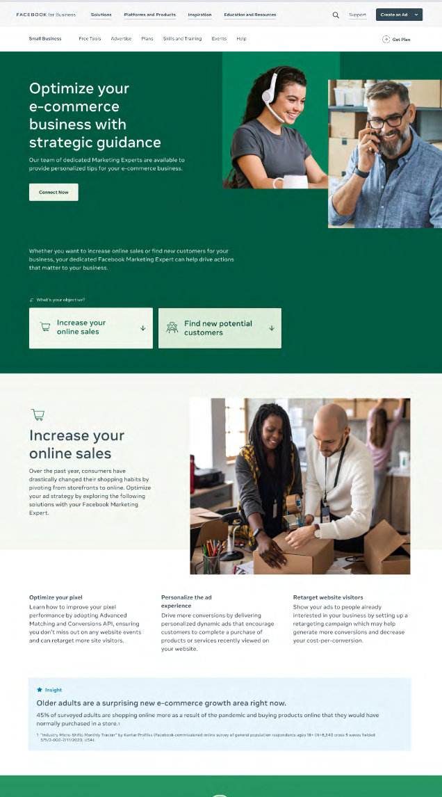 Facebook for Business landing page for e-commerce strategic guidance