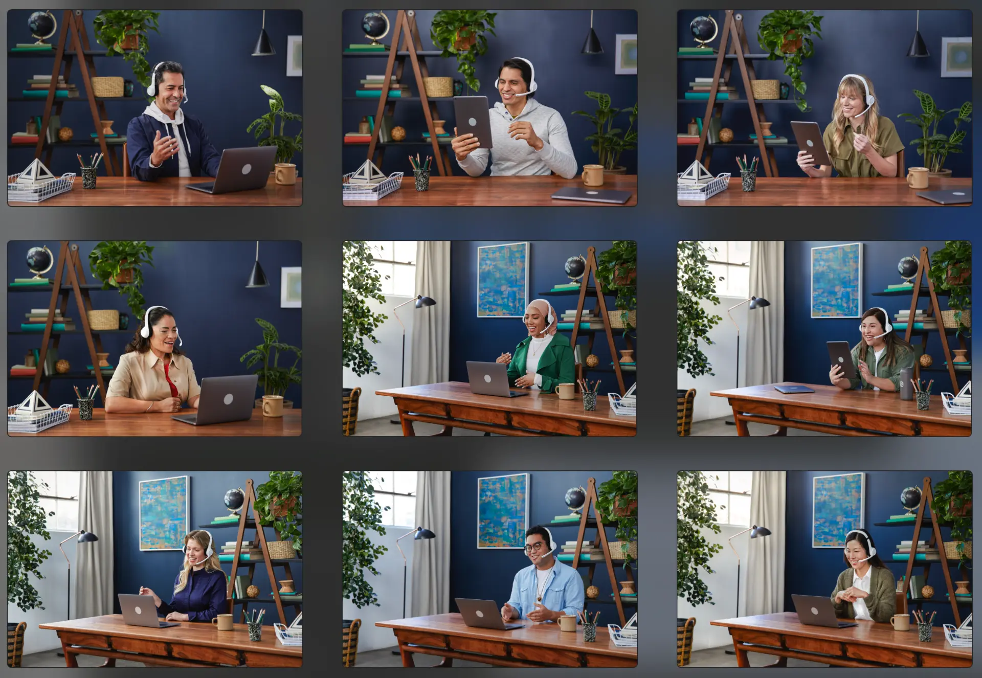 Grid of environmental lifestyle images of marketing experts on consultation calls