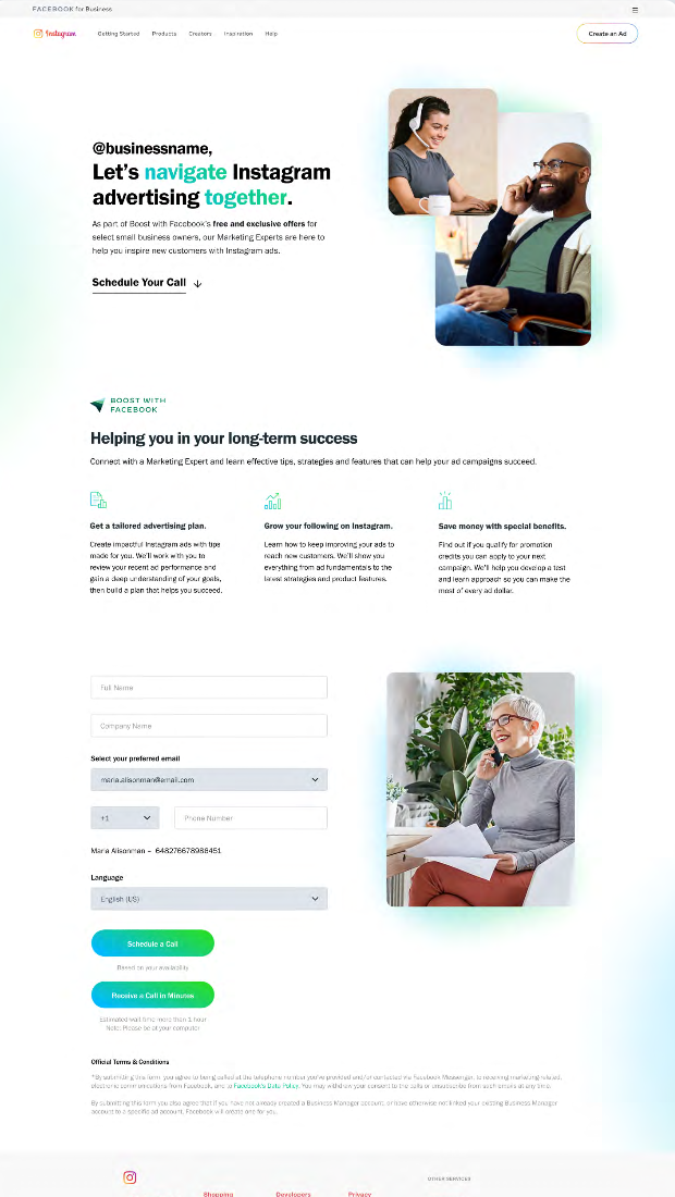 Instagram advertising Boost with Facebook expert call page