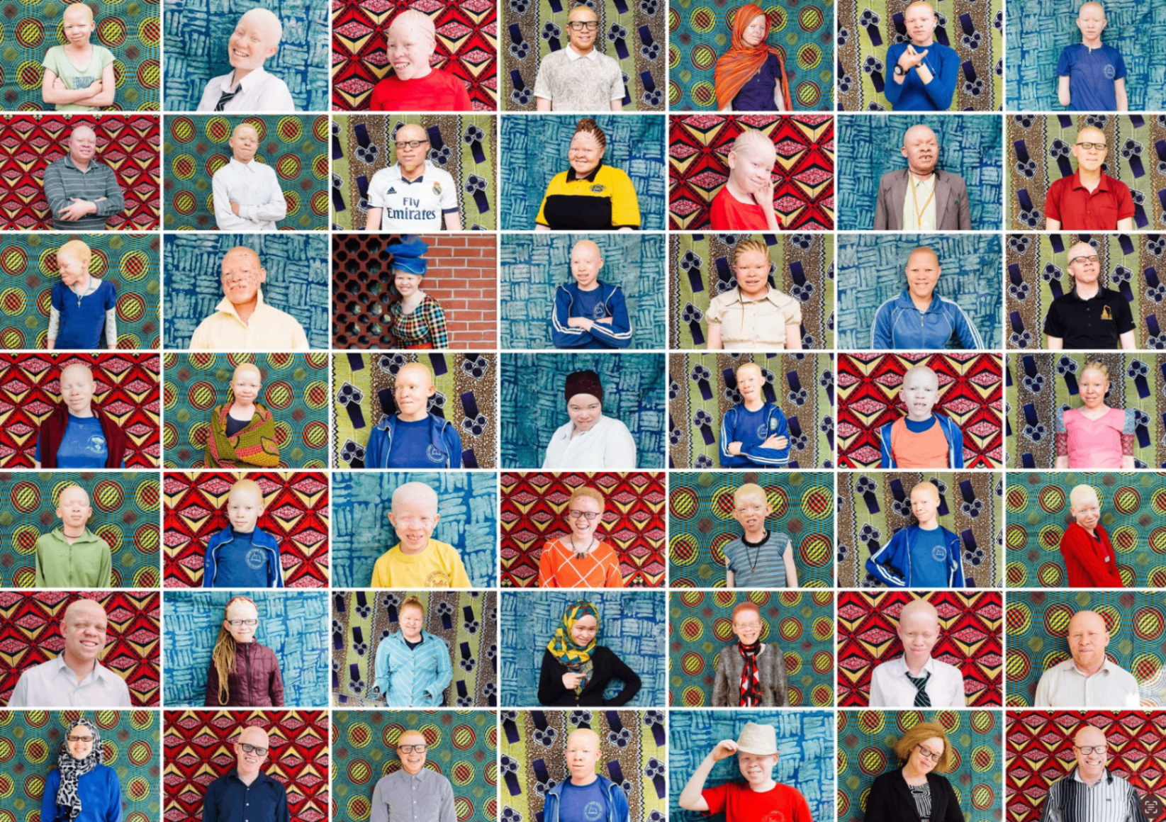 Grid of 50 portraits of Tanzanians with albinism